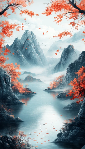 秋日山河静水叶落