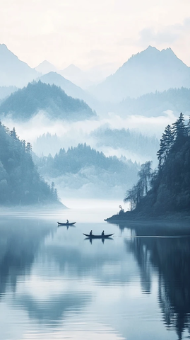 古山水小舟墨画