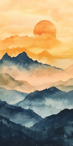 层叠山脉水彩晚霞