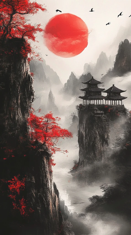 山崖红叶与古塔倒影