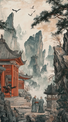 山中古寺旁两位僧人相伴而行的场景