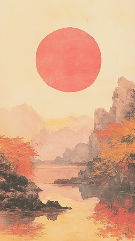 红黄山水墨画日出景