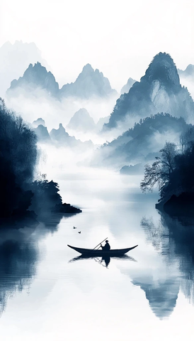 山水云雾间竹筏轻荡