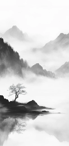 孤树远山雾中湖