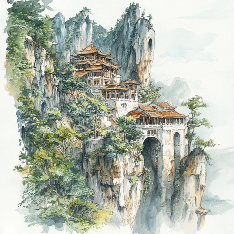 悬崖上的古建筑风景