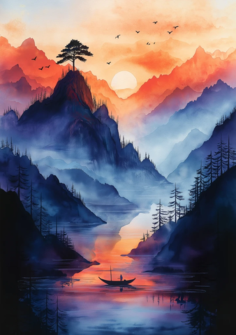 山顶孤树与河上小舟