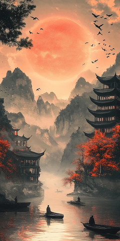 河流船只山水建筑风景