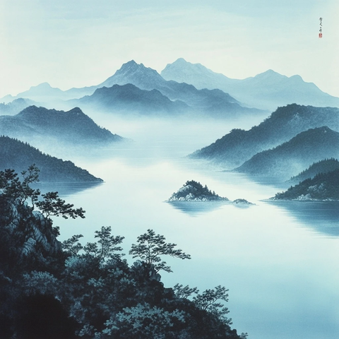 湖中小山雾气缭绕