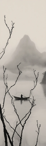 枯枝远山渔舟雾水面