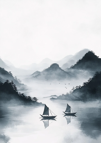 湖上三帆船与雾山