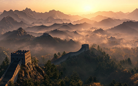 长城在晨曦中蜿蜒于崇山峻岭间的壮观景象