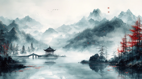 山河柳影水亭石桥