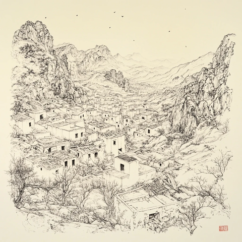 山间村落的水墨画风格全景图