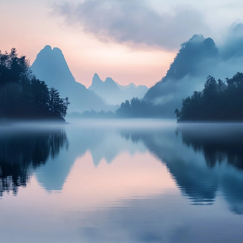 山水雾霭夕阳余晖