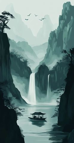 山水瀑布船只传统中国画