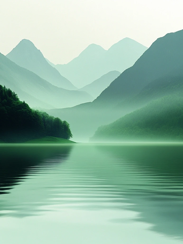 山雾缭绕湖面倒影