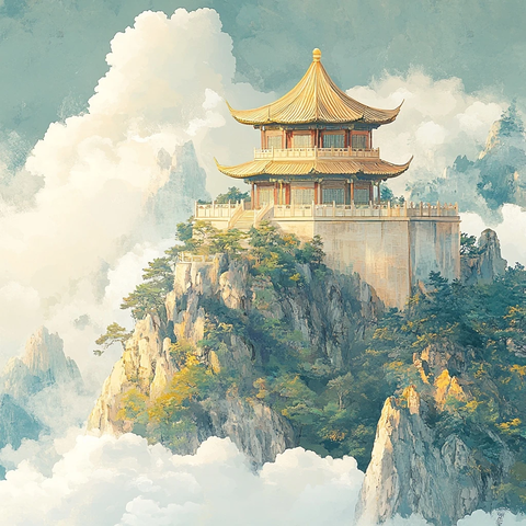 山顶上的中国传统楼阁建筑