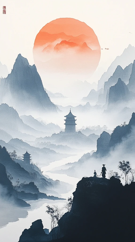 河流蜿蜒山景古塔骑马