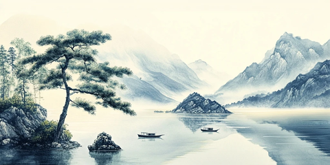 湖水山峦松树小舟