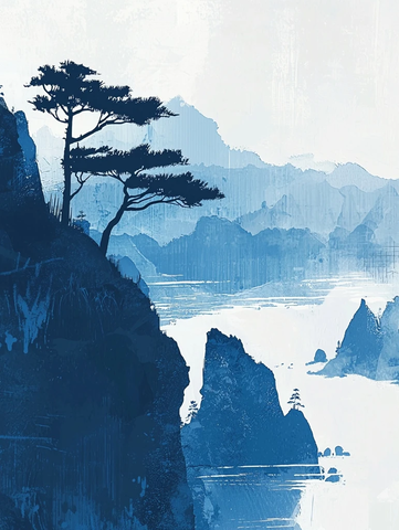 蓝色山水笔触设计