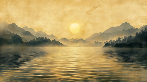 远山雾霭湖面波纹