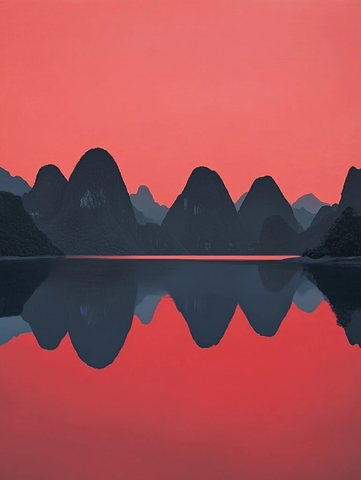 山峰倒影透明水面