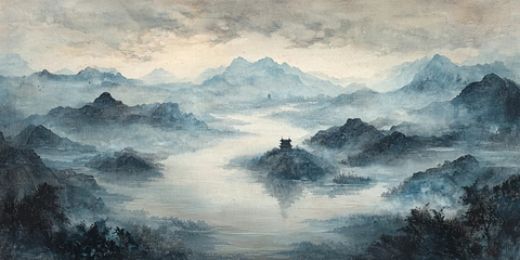 雨后江岸山雾缭绕