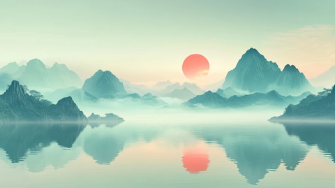 山水倒影红日浮云