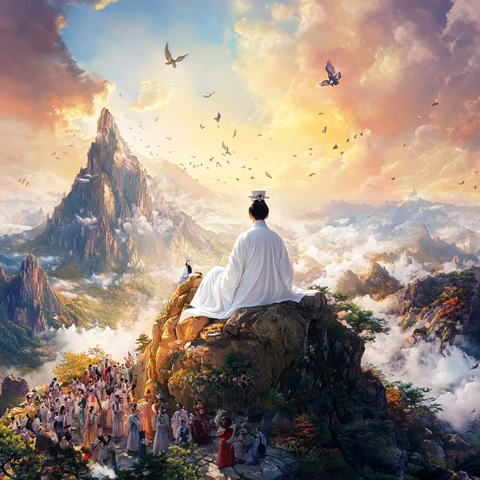 古装人物坐山顶俯瞰众人的壮丽景象