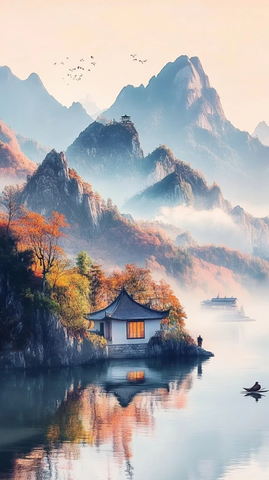 山脉河流云朵平面插画