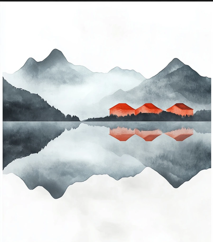 雾霭山峦红屋倒影