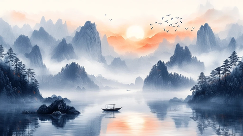 层峦叠嶂雾峰河舟鹤群