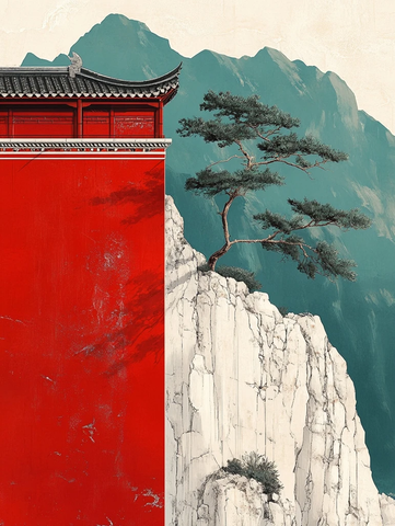 红墙建筑旁山壁上生长的松树景象