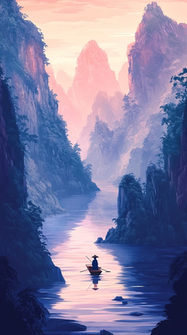 竹帽船夫泛舟群山河流