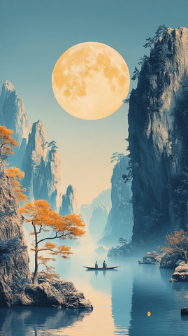 山水画卷月亮舟船