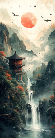 青山瀑布飞雁图