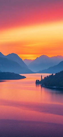 夕阳映照海面山峦塔影