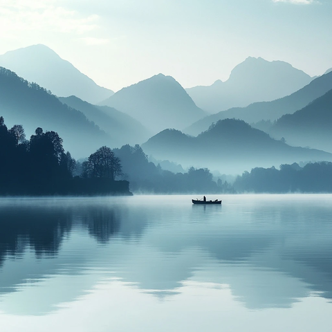 晨雾湖面山影朦胧