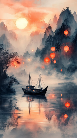 渔船晚霞灯影宁静水景