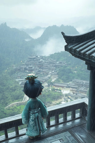 古装小孩雨中眺望山间古村落全景