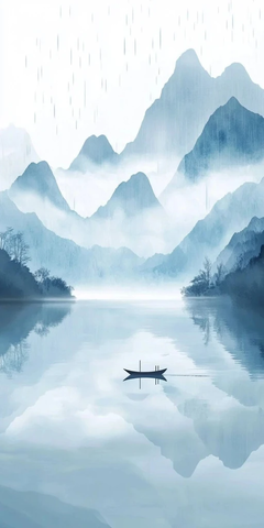 山水雾雨小舟湖面