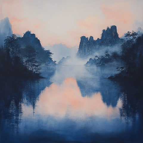 雾中铜蓝浮岛黄昏水镜