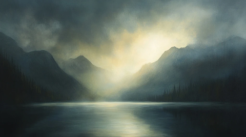 湖面山脉雾气光束