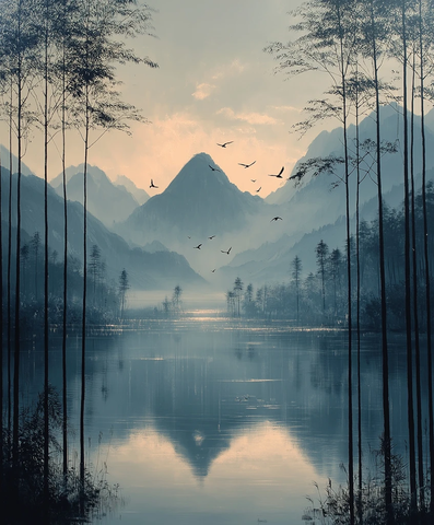 湖水竹林火山鸟群