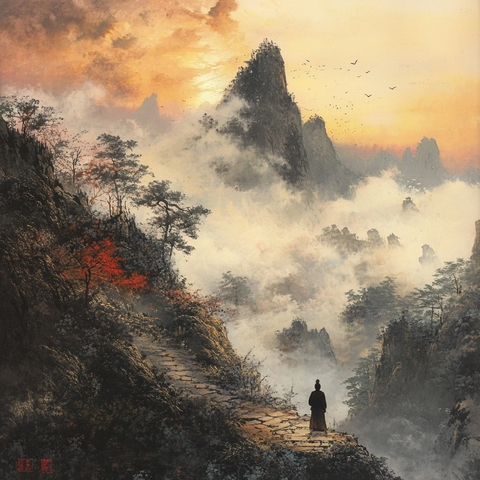 山间独行之人与云雾缭绕的壮丽山景