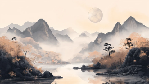 山水画墨色朦胧河流弯弯明月高悬