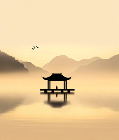 湖中平台酒瓶倒影