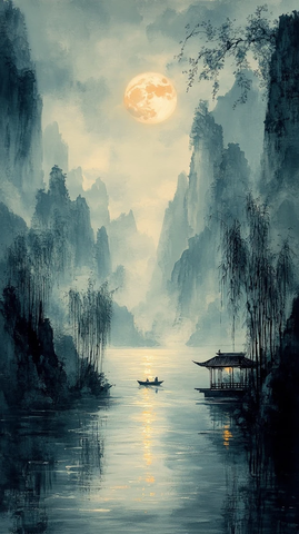中秋月夜山水画小舟静泊柳枝轻摇