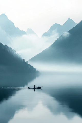 远山云雾小舟渔夫