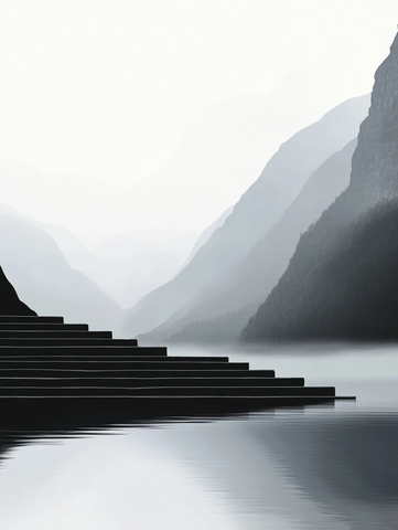 黑石台阶倒影山水雾